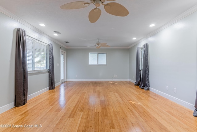 unfurnished room with a ceiling fan, ornamental molding, light wood-type flooring, recessed lighting, and baseboards