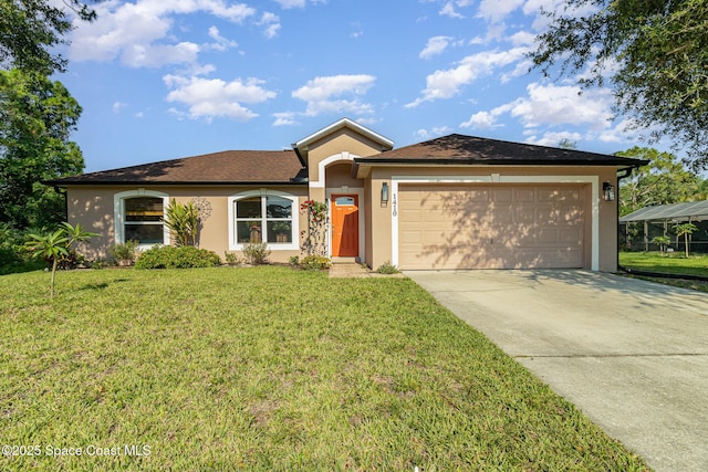 1410 Vander Ave SE, Palm Bay, FL 32909 - ranch-style house with stucco siding, a garage, a front yard, and driveway