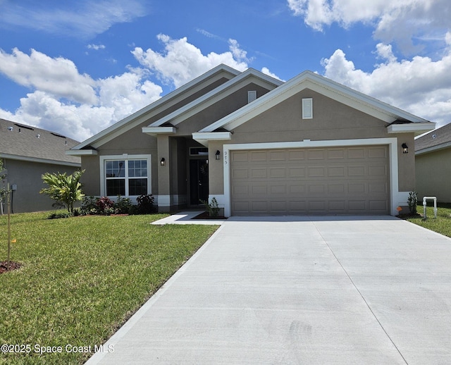 single story home with stucco siding, concrete driveway, a front yard, and an attached garage