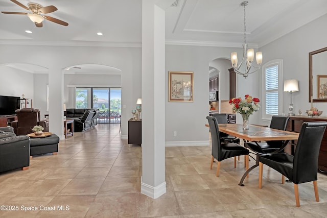 2922 Addison Dr, Melbourne, FL 32940 - dining room featuring arched walkways, ceiling fan, ornamental molding, a chandelier, and recessed lighting
