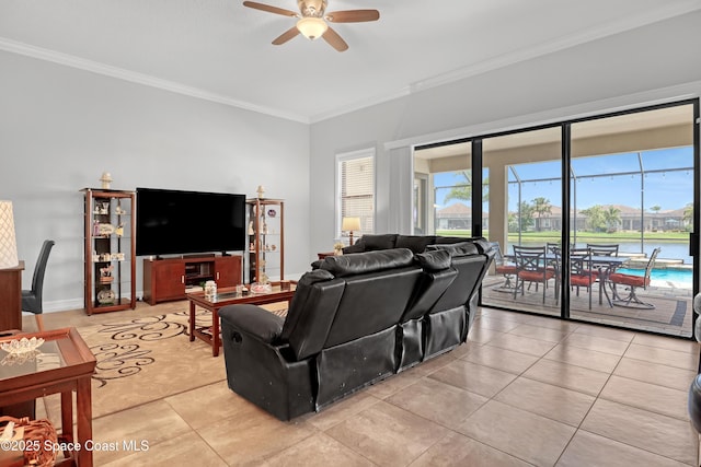 2922 Addison Dr, Melbourne, FL 32940 - living room featuring ornamental molding, a ceiling fan, and light tile patterned floors