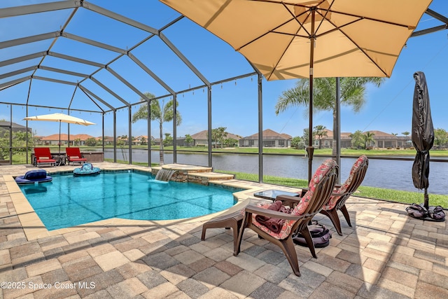 2922 Addison Dr, Melbourne, FL 32940 - outdoor pool featuring a jacuzzi, a patio area, glass enclosure, a water view, and a residential view
