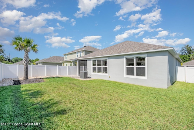 back of property featuring central air condition unit, stucco siding, and roof with shingles
