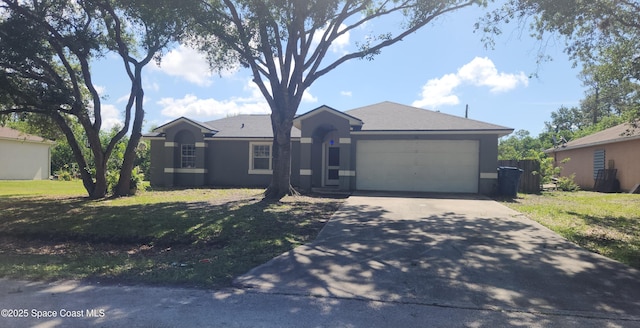 ranch-style home featuring a garage, driveway, a front lawn, and stucco siding