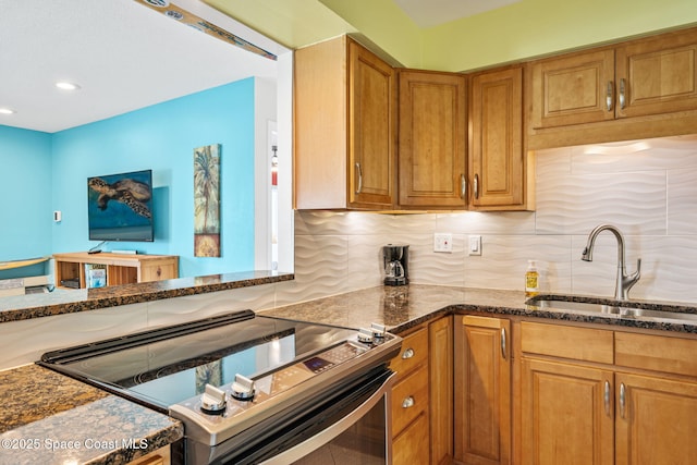 2625 S Atlantic Ave Unit 17, Cocoa Beach, FL 32931 - kitchen with electric range oven, a sink, dark stone countertops, brown cabinets, and decorative backsplash