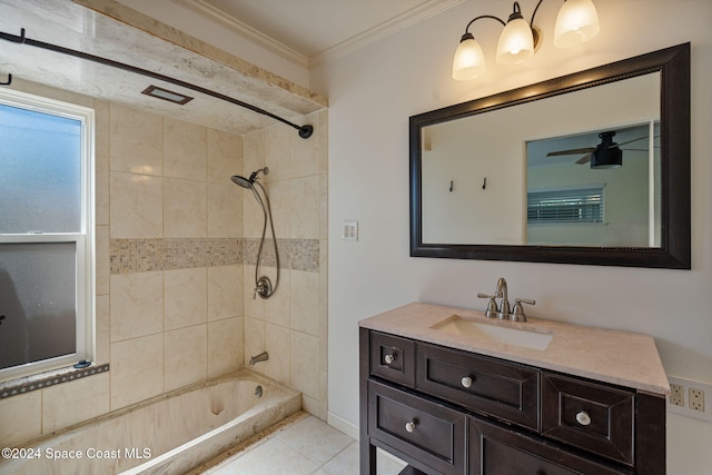 921 S Orlando Ave, Cocoa Beach, FL 32931 - bathroom with shower / bath combination, vanity, a ceiling fan, tile patterned flooring, and crown molding