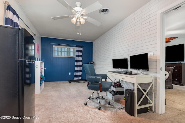 365 Belair Ave, Merritt Island, FL 32953 - office area with carpet floors, a ceiling fan, and brick wall