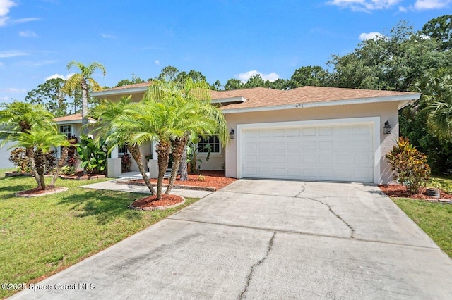471 Hallmark St SE, Palm Bay, FL 32909 - view of front of property with stucco siding, concrete driveway, a front yard, and an attached garage