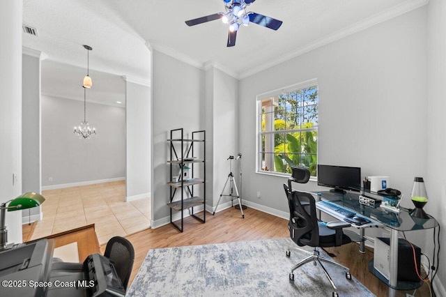 471 Hallmark St SE, Palm Bay, FL 32909 - office with ceiling fan, ornamental molding, a chandelier, baseboards, and wood finished floors