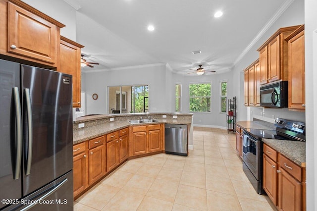 471 Hallmark St SE, Palm Bay, FL 32909 - kitchen featuring black appliances, ceiling fan, a peninsula, ornamental molding, and brown cabinets