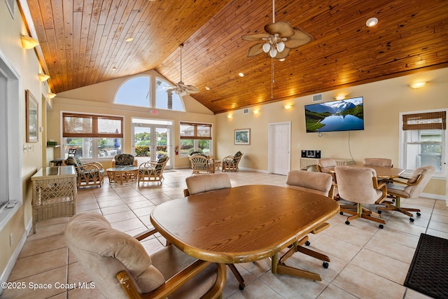 dining area featuring wooden ceiling, a ceiling fan, light tile patterned floors, healthy amount of natural light, and high vaulted ceiling