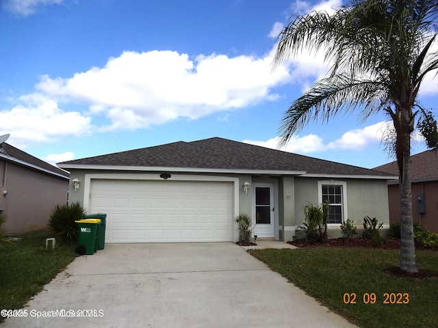 ranch-style house featuring stucco siding, driveway, an attached garage, roof with shingles, and a front yard
