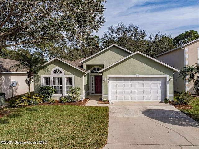single story home featuring a garage, concrete driveway, a front yard, and stucco siding