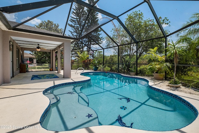 2127 Deercroft Dr, Melbourne, FL 32940 - outdoor pool with a patio, a ceiling fan, and glass enclosure