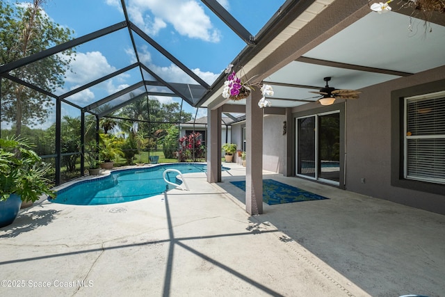 2127 Deercroft Dr, Melbourne, FL 32940 - swimming pool featuring ceiling fan, a patio, and glass enclosure