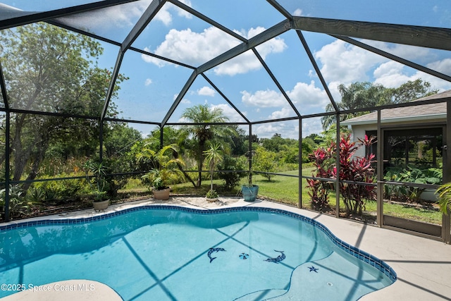 2127 Deercroft Dr, Melbourne, FL 32940 - outdoor pool featuring a lanai, a patio area, and view of scattered trees