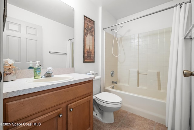 2127 Deercroft Dr, Melbourne, FL 32940 - bathroom featuring tile patterned flooring, toilet, shower / bathtub combination with curtain, and vanity