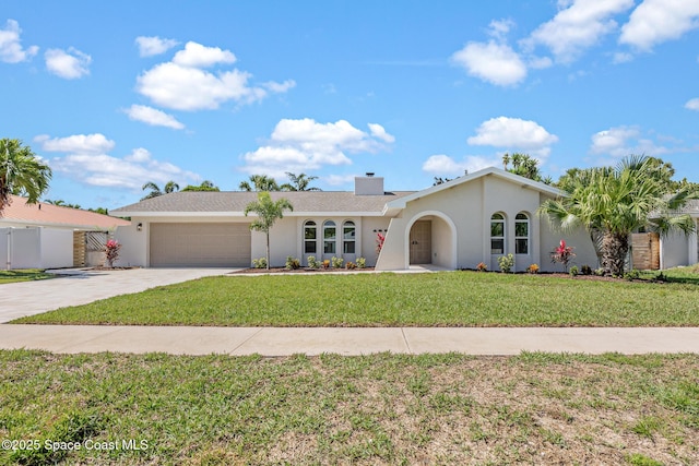 single story home with a garage, concrete driveway, stucco siding, and a front lawn
