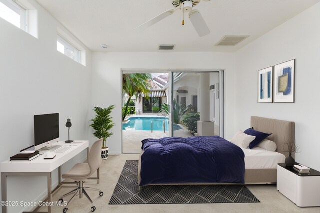 7433 Monterey Ct, Melbourne, FL 32940 - bedroom featuring access to exterior, an office area, light colored carpet, and ceiling fan