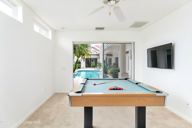 7433 Monterey Ct, Melbourne, FL 32940 - rec room featuring light colored carpet, baseboards, ceiling fan, and billiards table
