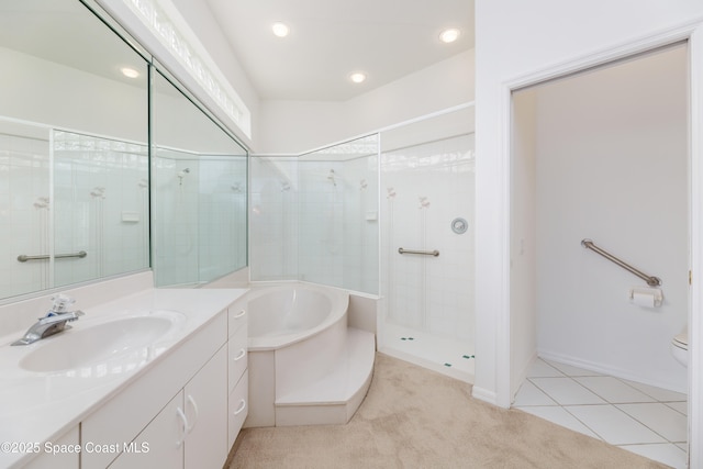 7433 Monterey Ct, Melbourne, FL 32940 - full bathroom with a shower stall, vanity, a bath, recessed lighting, and toilet
