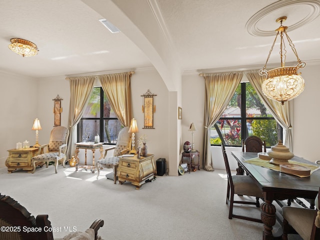 1013 Balmoral Way, Melbourne, FL 32940 - living area with ornamental molding, arched walkways, carpet floors, a chandelier, and healthy amount of natural light