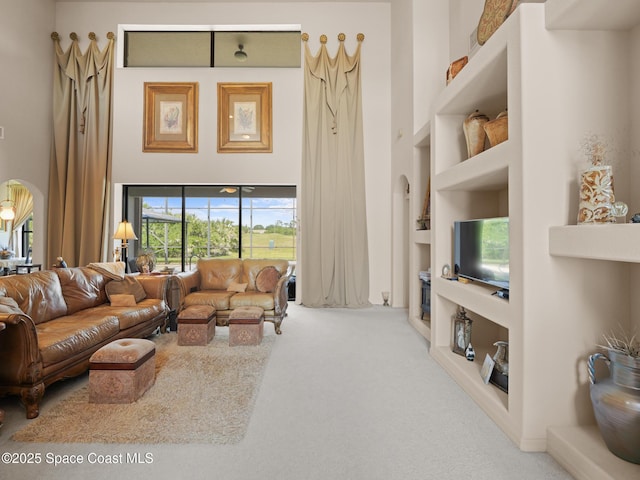 1013 Balmoral Way, Melbourne, FL 32940 - carpeted living room with a high ceiling, built in shelves, and arched walkways