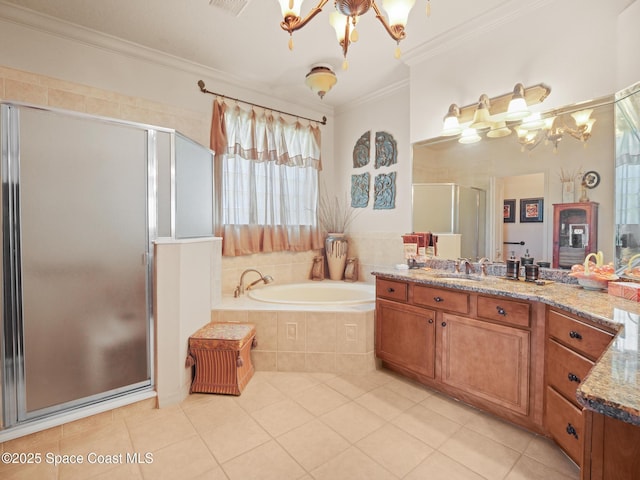 1013 Balmoral Way, Melbourne, FL 32940 - full bathroom featuring a chandelier, ornamental molding, tile patterned floors, a stall shower, and vanity
