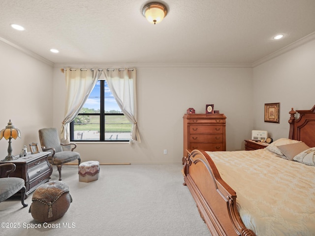 1013 Balmoral Way, Melbourne, FL 32940 - bedroom featuring carpet floors, ornamental molding, a textured ceiling, recessed lighting, and baseboards