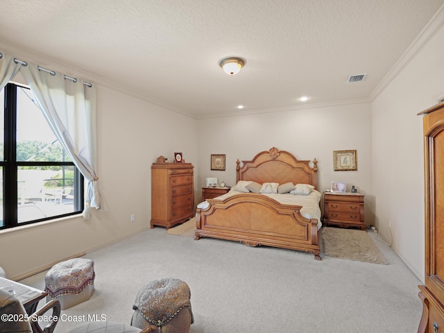 1013 Balmoral Way, Melbourne, FL 32940 - bedroom featuring light colored carpet, ornamental molding, a textured ceiling, and recessed lighting