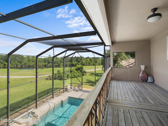 1013 Balmoral Way, Melbourne, FL 32940 - wooden terrace with a water view, an outdoor pool, view of golf course, a lawn, and glass enclosure