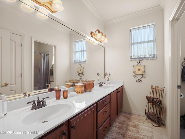 1013 Balmoral Way, Melbourne, FL 32940 - bathroom featuring healthy amount of natural light, crown molding, double vanity, tile patterned floors, and a shower with shower curtain