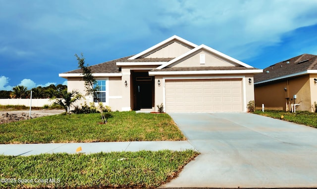 1128 Soleway Ave NW, Palm Bay, FL 32907 - single story home with an attached garage, driveway, stucco siding, and a front yard