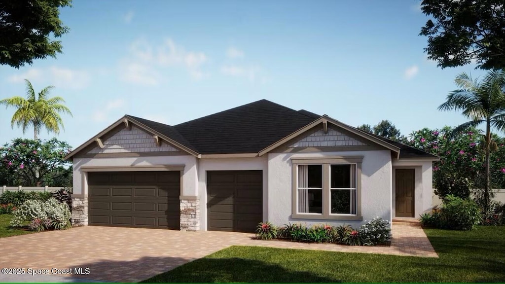 view of front facade with an attached garage, stucco siding, decorative driveway, and stone siding