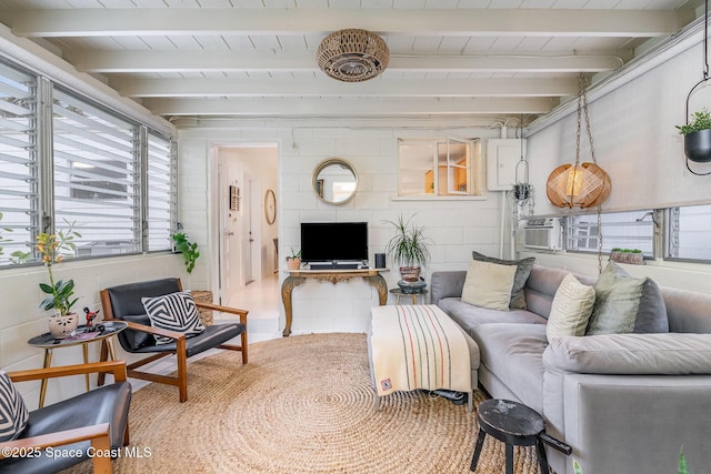 847 W Virginia St, Cocoa, FL 32927 - living area with beamed ceiling, wooden ceiling, and cooling unit
