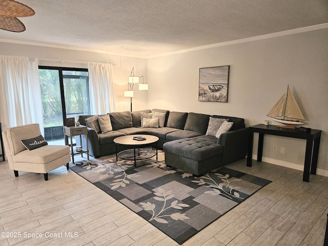 1700 S Atlantic Ave Unit 107, Cocoa Beach, FL 32931 - living area featuring wood finished floors, a textured ceiling, and crown molding