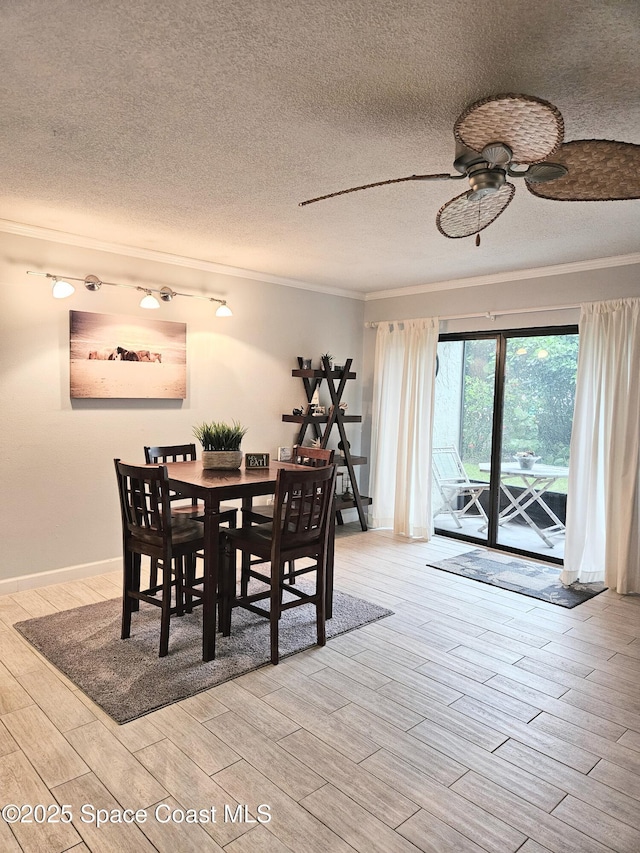 1700 S Atlantic Ave Unit 107, Cocoa Beach, FL 32931 - dining area with ornamental molding, a textured ceiling, light wood-style flooring, a ceiling fan, and baseboards