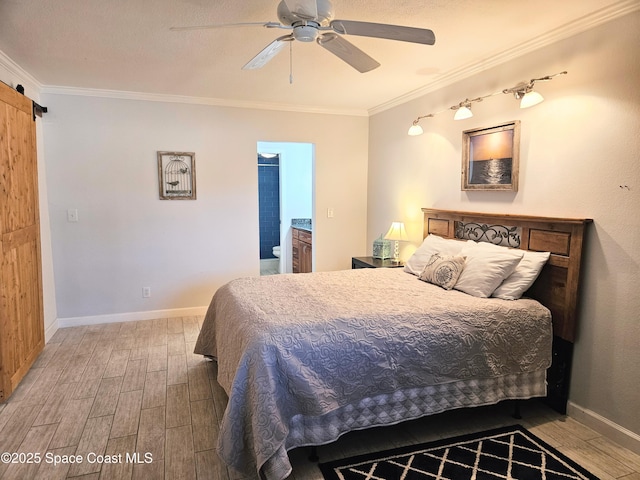 1700 S Atlantic Ave Unit 107, Cocoa Beach, FL 32931 - bedroom with wood finished floors, ornamental molding, a barn door, baseboards, and ceiling fan