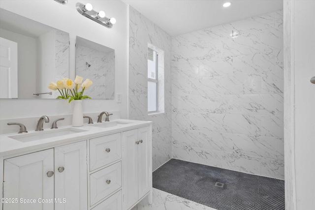 3258 Forghun Ave SE, Palm Bay, FL 32909 - bathroom with double vanity, marble finish flooring, recessed lighting, and a shower