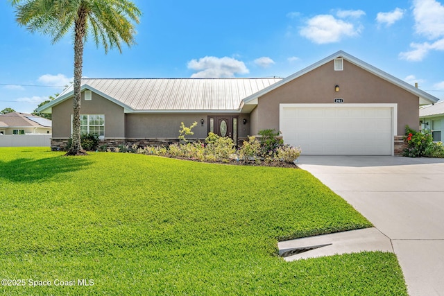 ranch-style house with stone siding, stucco siding, driveway, and a garage