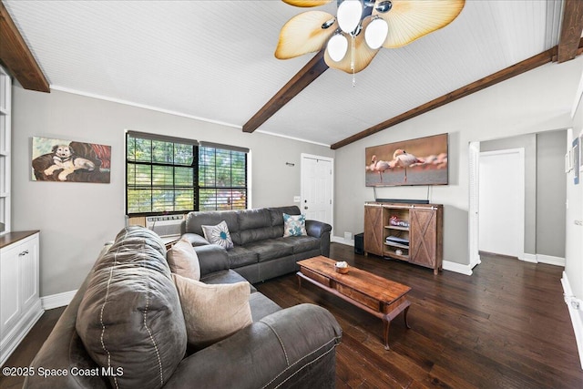 living area featuring a ceiling fan, dark wood finished floors, and baseboards
