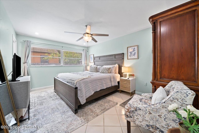bedroom featuring light tile patterned flooring, ceiling fan, baseboards, and recessed lighting