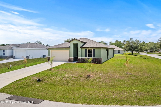 ranch-style house with stone siding, a garage, concrete driveway, stucco siding, and a front lawn