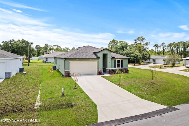 view of front of home featuring a garage, concrete driveway, stucco siding, stone siding, and a front yard