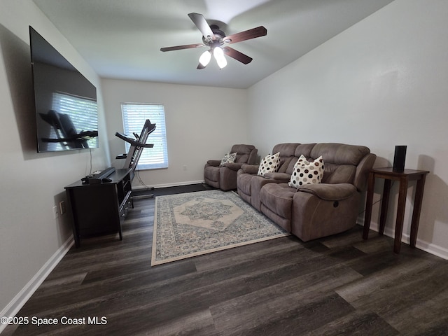 334 Dryden Cir, Cocoa, FL 32926 - living room featuring ceiling fan, dark wood-style flooring, and baseboards