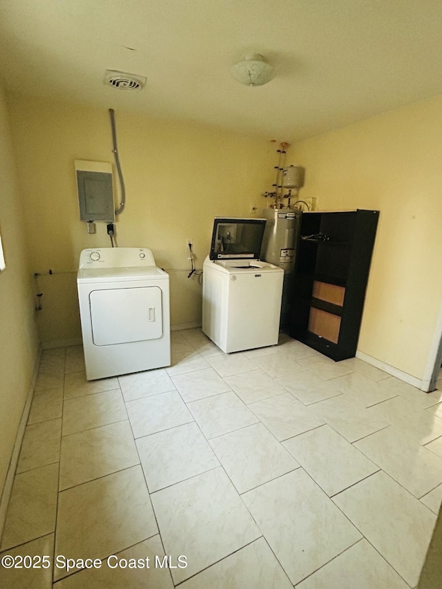 2174 Woodbury Rd, Melbourne, FL 32935 - washroom featuring electric panel, washer and clothes dryer, electric water heater, light tile patterned flooring, and baseboards
