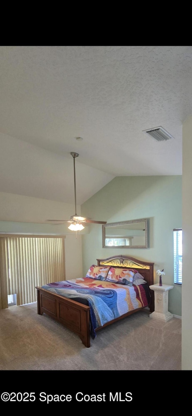 carpeted bedroom with vaulted ceiling