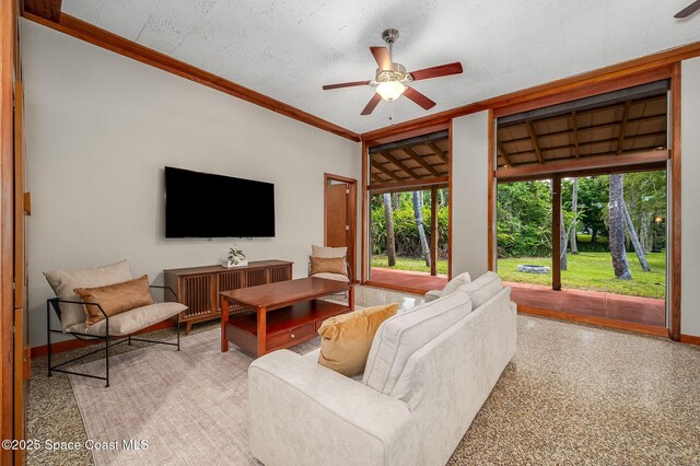 2318 Country Club Rd, Melbourne, FL 32901 - living area featuring ceiling fan, ornamental molding, and baseboards