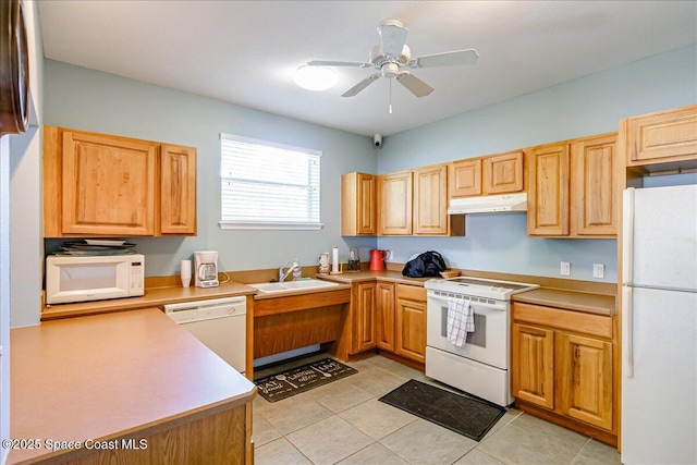 7008 Sevilla Ct Ph 505, Cape Canaveral, FL 32920 - kitchen with white appliances, under cabinet range hood, a sink, light tile patterned floors, and ceiling fan
