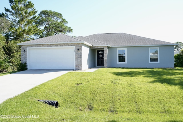 view of front facade featuring an attached garage, concrete driveway, a front yard, stucco siding, and stone siding